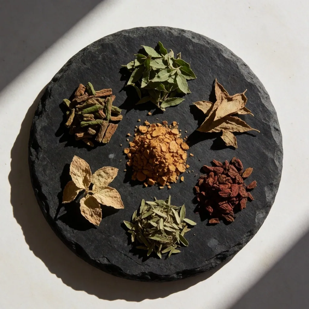 Raw botanical ingredients on dark stone