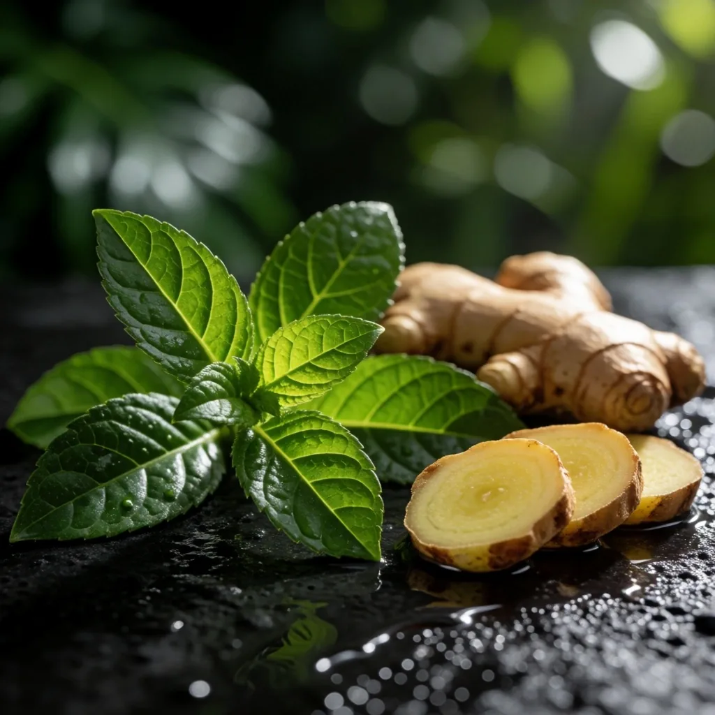 Botanical ingredients on dark stone