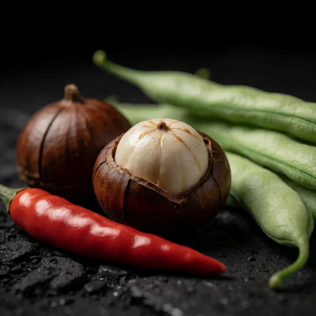 Raw nutritious ingredients on dark stone