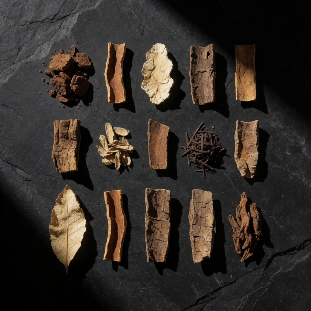 Dried botanical root specimens on dark stone