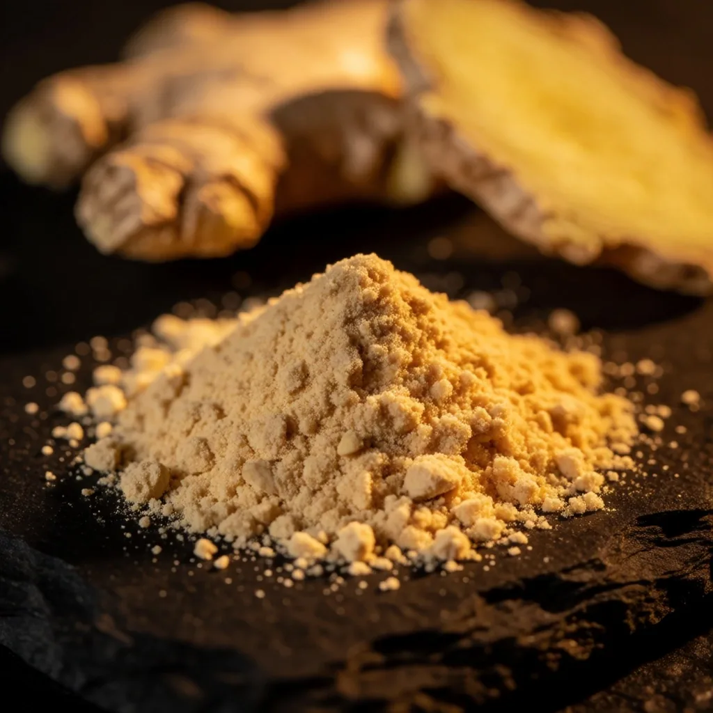 Ginseng powder and dried ginger on dark stone