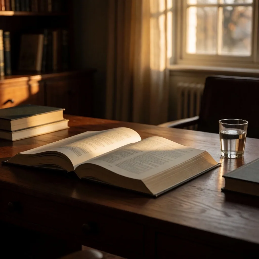 Study desk with reference books in warm afternoon light