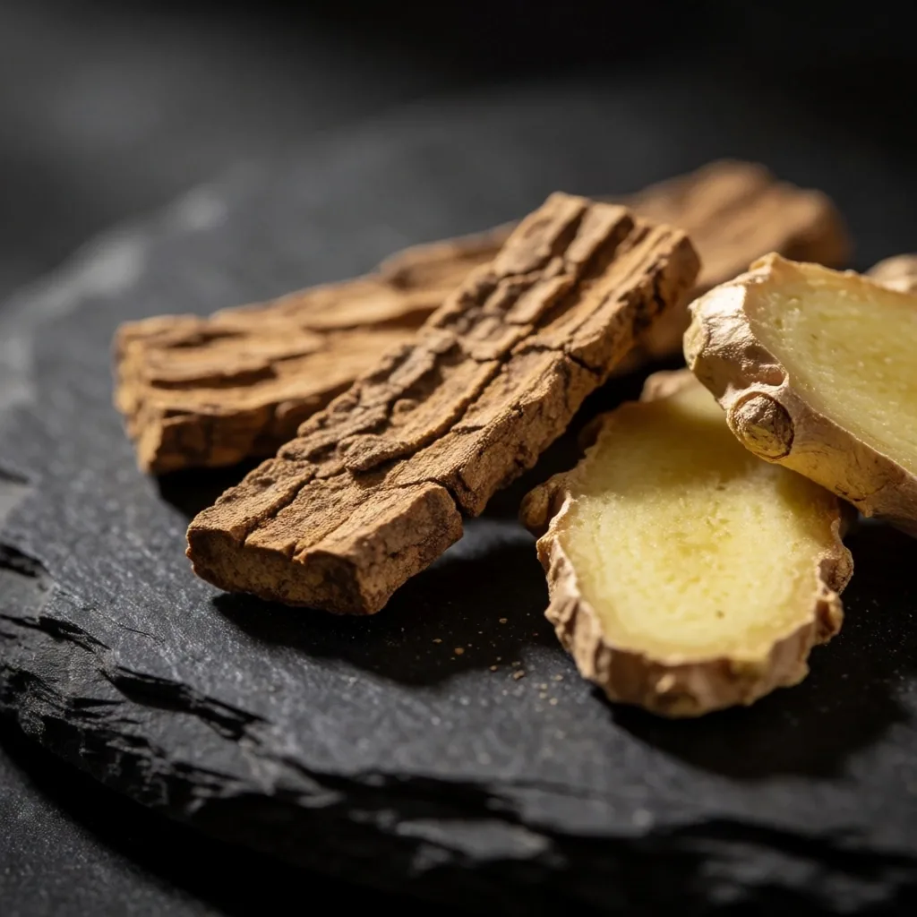 Botanical ingredients on dark stone