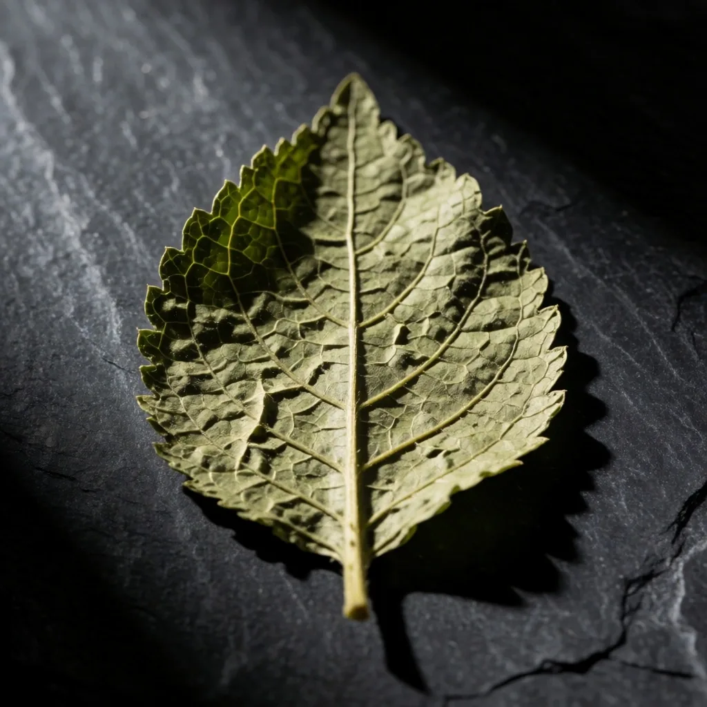 Dried Bacopa herb leaves on dark stone