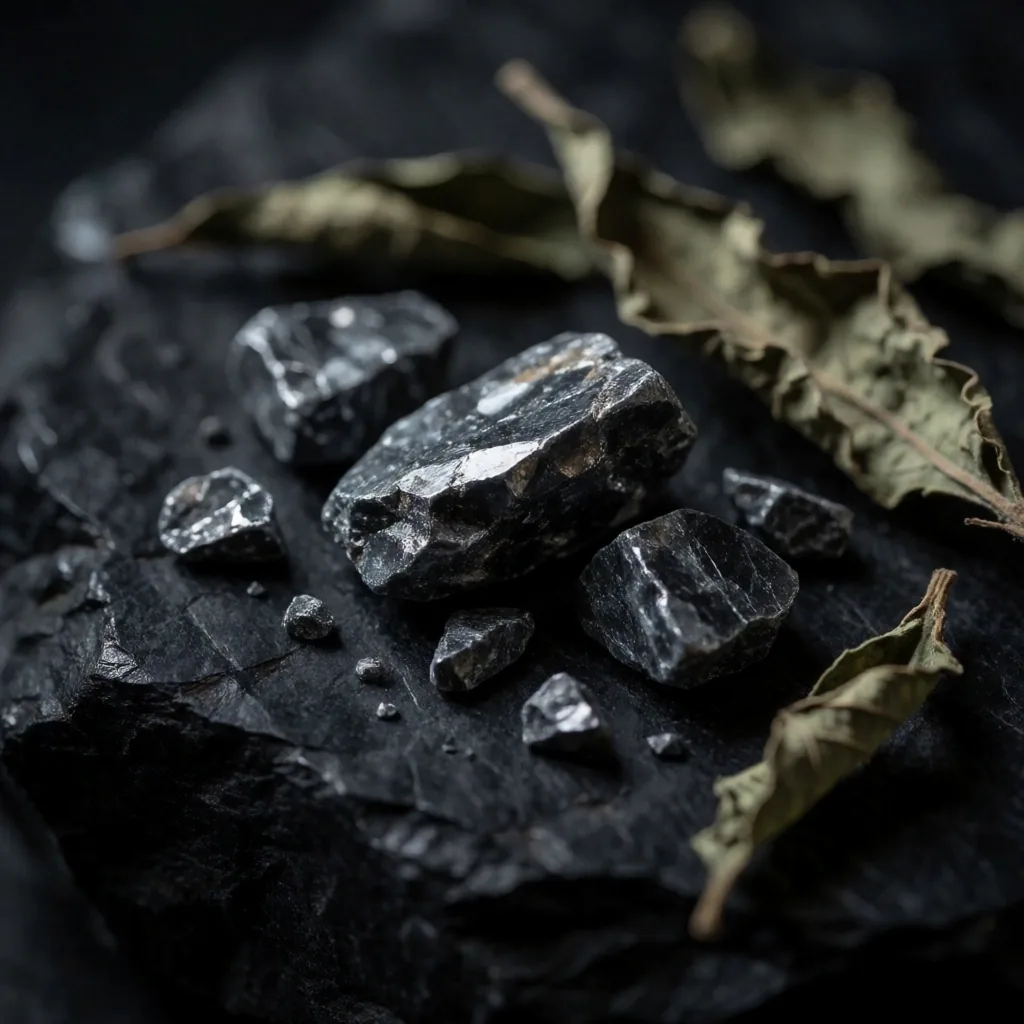 Mineral crystals and botanical leaves on dark stone